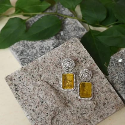 Clear Ice - Citrine Squared Diamanté Danglers