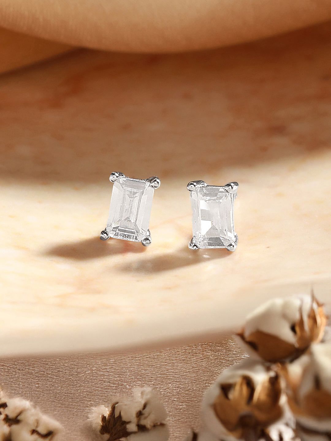 925 Sterling Silver 8 mm Zircon Studded Rectangular Solitaire Minimal  Studds Earrings