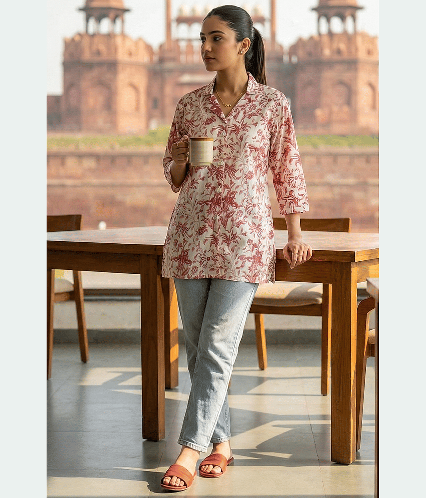 Wonder Weaves Women 100% Cotton Printed Straight Kurti ( White )