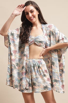 Peach Color Tropical Printed Viscose Rayon 3 pcs Coverup Set With Robe Beachwear For Woman-s