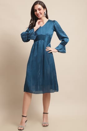 Blue Color Solid Printed Georgette Dress For Women-xs