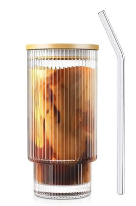 Ribbed Drinking Glasses Tumbler Set of 1 with Bamboo Lids and Straws, Clear Fluted Textured Vertical Stripe Glass Sipper Iced Coffee Cups for Beer, Cocktail, Beverage
