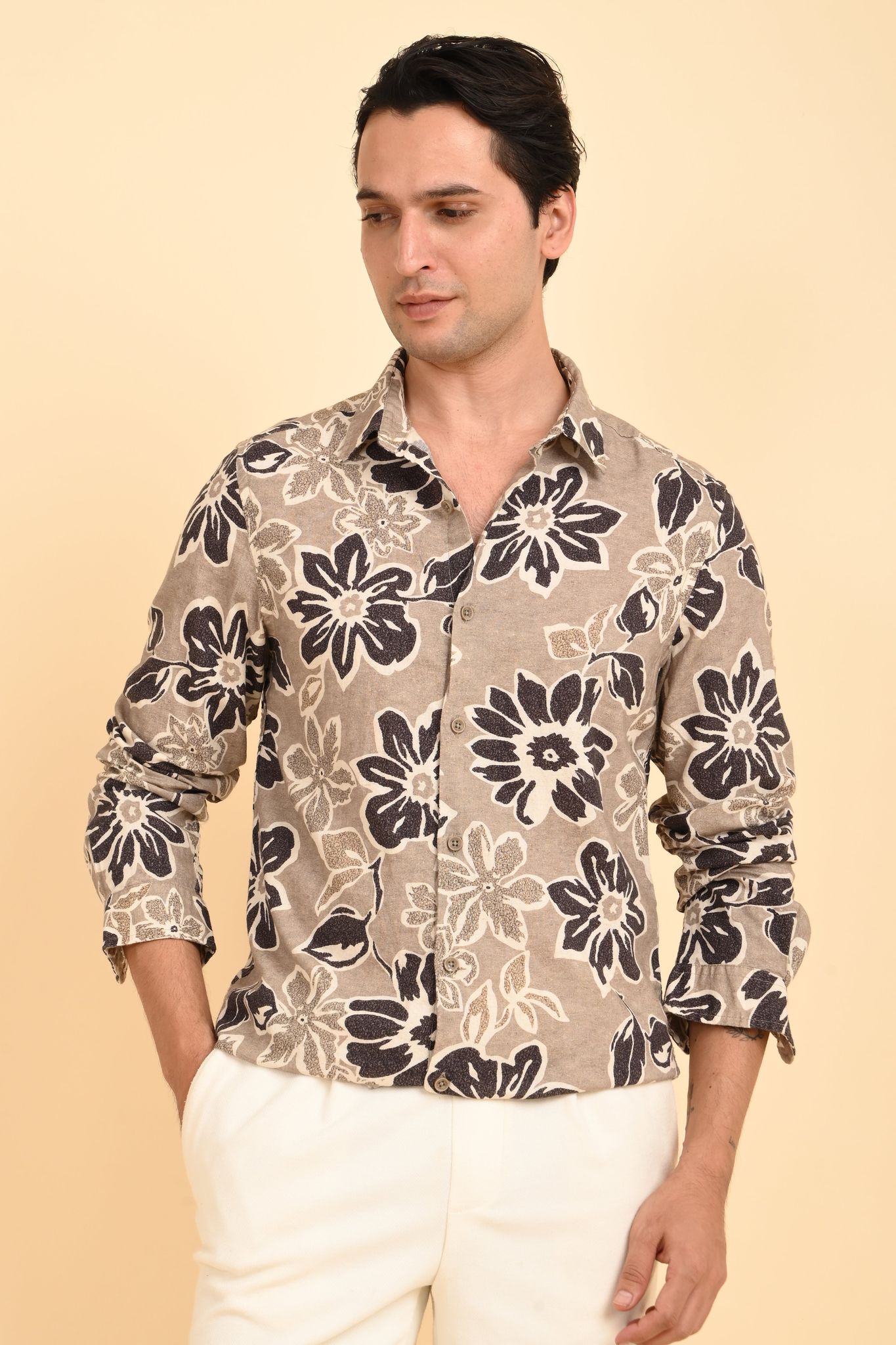 Milton - Cotton Linen Printed Shirt - Brown-S-38 / BROWN