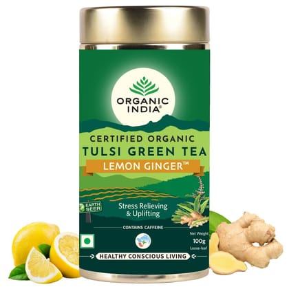 ORGANIC INDIA Tulsi Green Tea Lemon Ginger 100 gm tin, Loose Leaves ORGANIC INDIA Tulsi Green Tea Lemon Ginger 100 gm tin, Loose Leaves