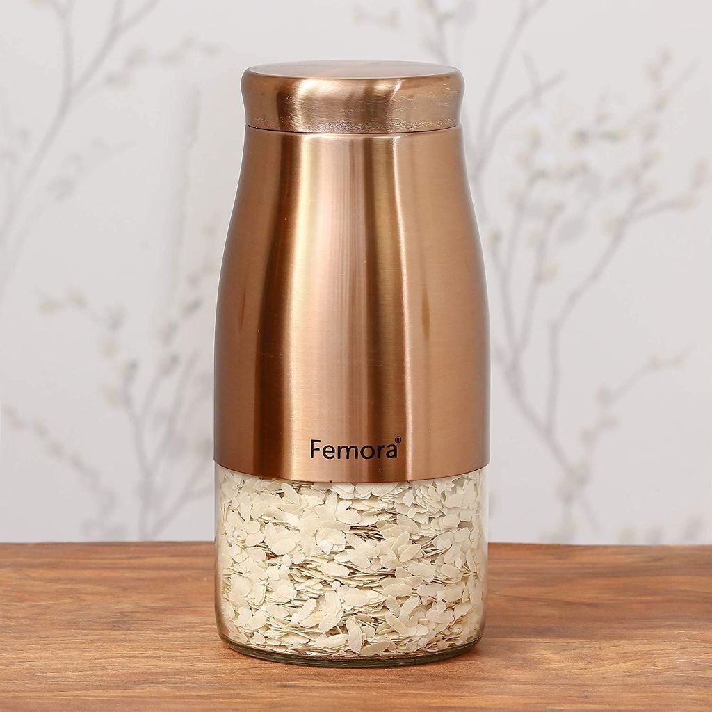 Femora Clear Glass Gold Metallic Steel Glass Jars Tea Sugar Jar Container Cereal, Spices, Pulses Container Spice Jar for Kitchen Storage Jars for Kitchen Storage, 900 ml/gm, Free Replacement of Lids