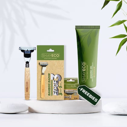 Bamboo Edge 3 Razor & Aloevera Shaving Gel with Free 1 Set Cartridge - Eco-Friendly Grooming Combo