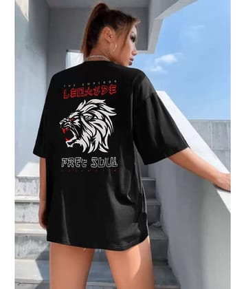 Leotude Women Cotton Blend Printed Oversized Fit Round Neck T-Shirt ( Black )