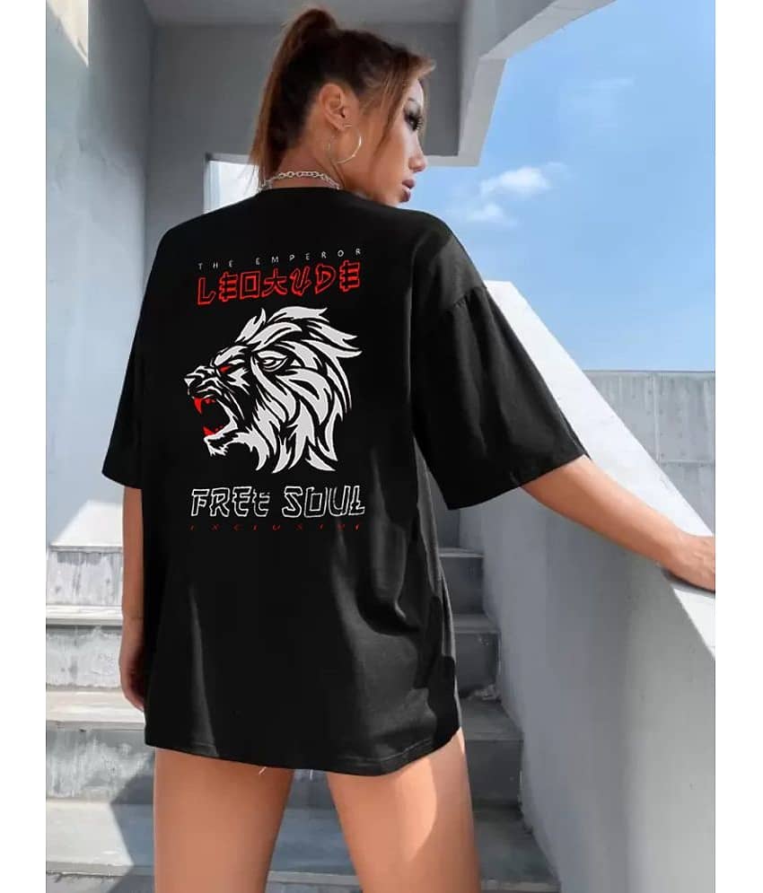 Leotude Women Cotton Blend Printed Oversized Fit Round Neck T-Shirt ( Black )