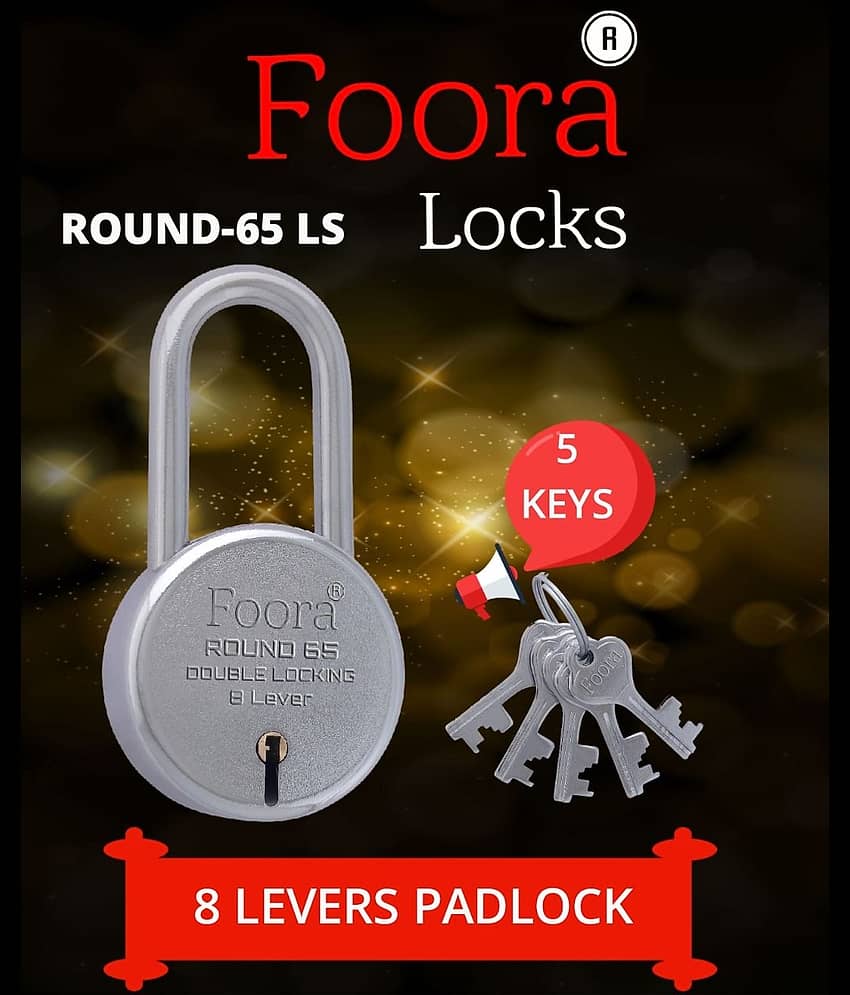 Foora -Tools Hardware New Round 65 Long Shackle Steel door Lock with 5 Keys, Double Locking, 8 Lever - 65mm, Silver (Export in U.S.A, Canada, Mexico)