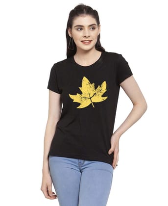 Women's Cotton Blend Leafe Printed T Shirt L (Black)