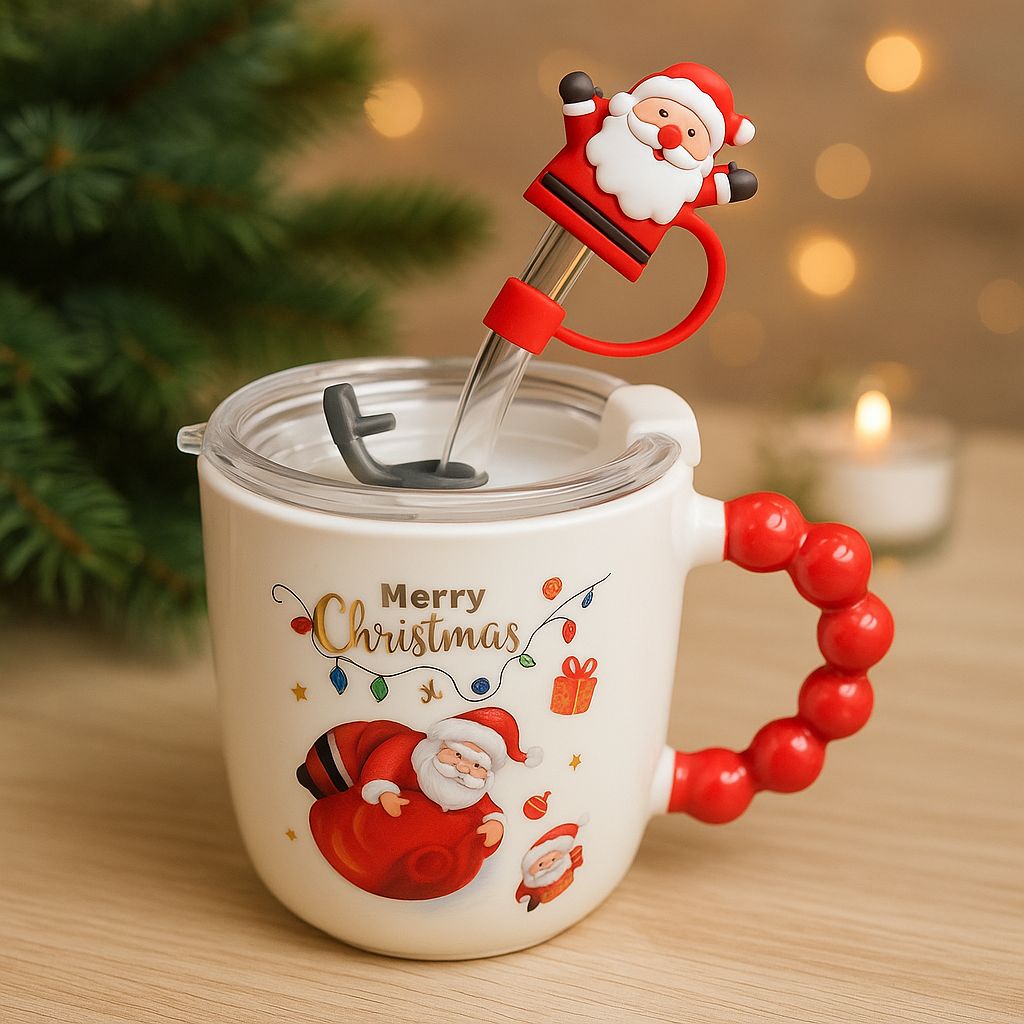🎅 Festive “Merry Christmas” Santa Mug with Straw & Lid Set