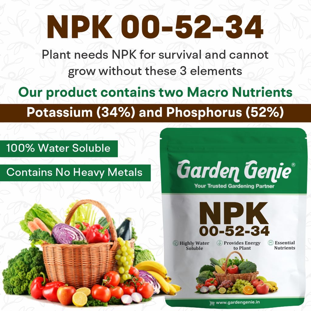 Garden Genie MKP (Mono Potassium Phosphate) NPK 00 52 34 Fertilizers for Plants, Garden & All Crops 800 Gm | Water Soluble Foliar Spray Nutrition