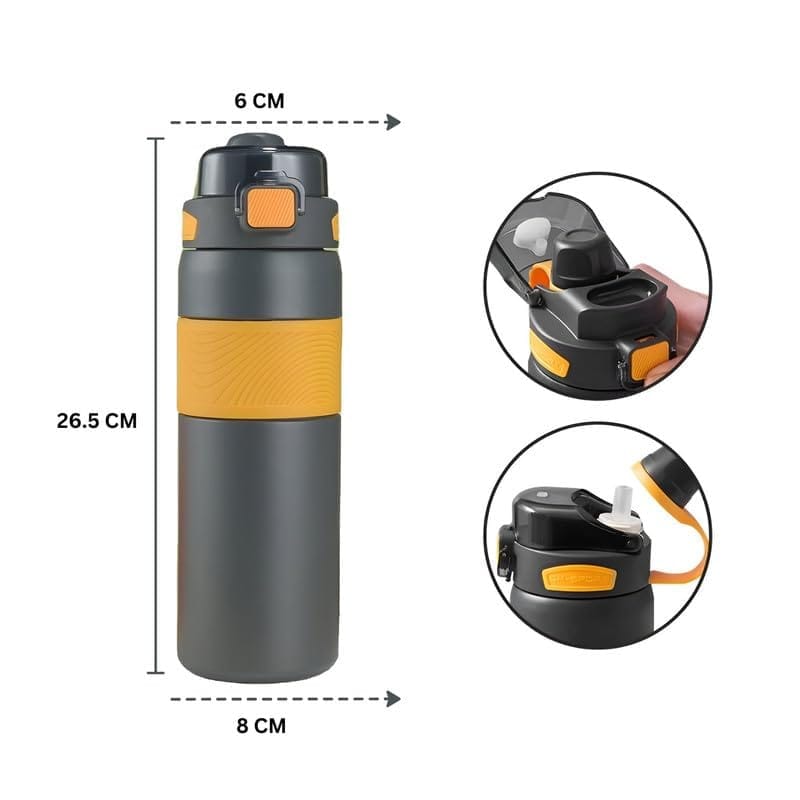 Stylish Dark Grey Water Bottle with Orange Grip - BPA Free & Leak-Proof