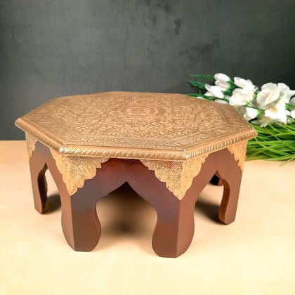 Puja Chowki Bajot | Wooden Brass Chauki - For Puja, Living Room, Home & Corner Decor - 15 Inch