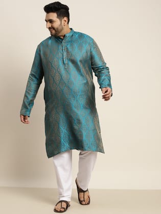 Men's Jacquard Silk Teal Blue & Gold Kurta-44