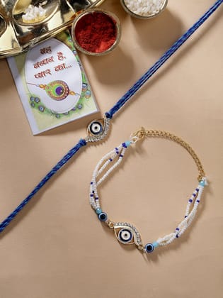NVR Unisex Set of 2 Blue Evil Eye Bhaiya Bhabhi Rakhi Set With Roli Chawal-Freesize / Blue / Brass