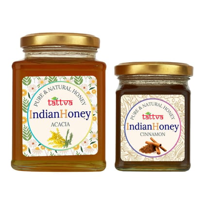 IndianHoney Rajasthan Acacia Honey & Metabolic & Warming Cinnamon Infused Honey Combo Pack (500gm & 230gm)