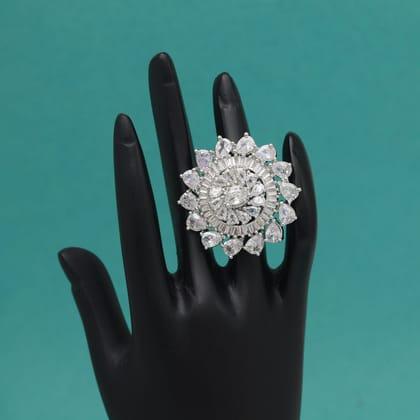 Silver Color American Diamond Finger Ring (ADR620SLV)-Ring_Size_Adjustable / Silver / Brass With Good Quality Silver Plated