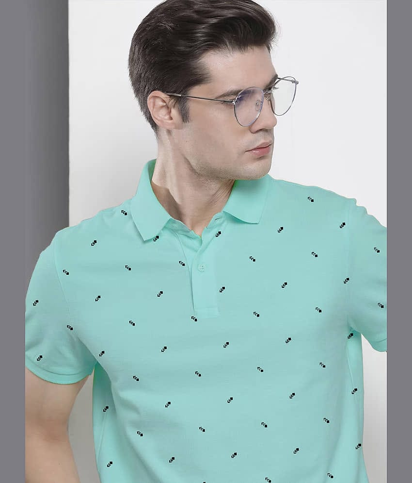 Merriment Pack of 1 Cotton Blend Regular Fit Printed Half Sleeves Men's Polo T Shirt ( Aqua )
