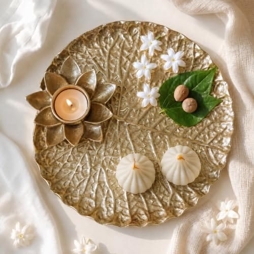 Metal Lotus Pooja Thali with Tea-Light Holder, 25.5cm