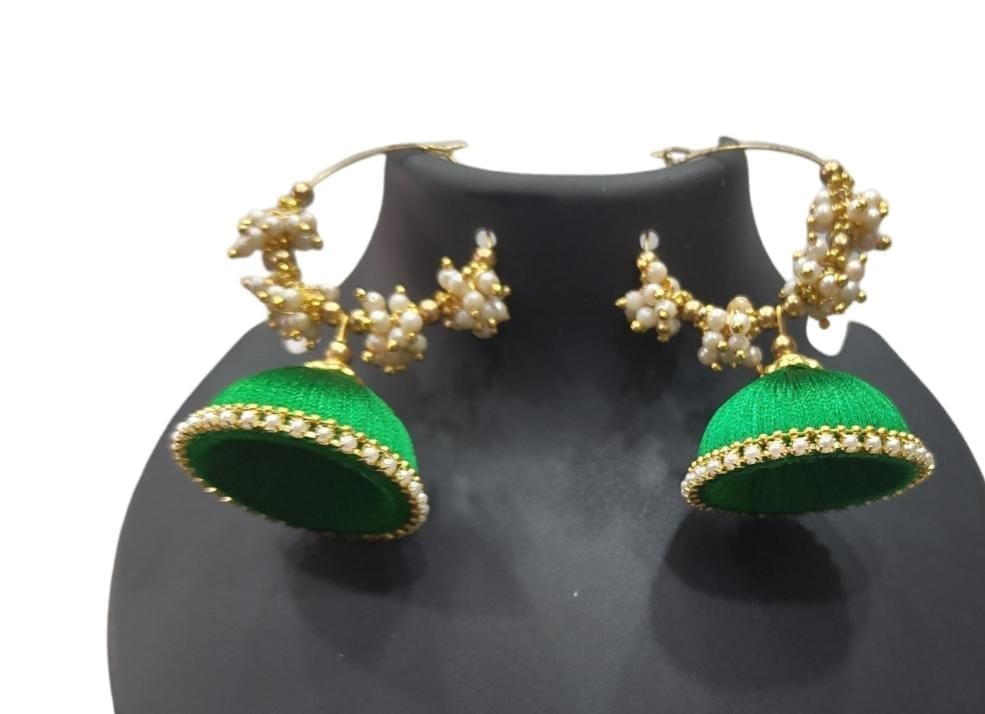 Green Silk Thread Jhumka Earrings with Pearl Beads