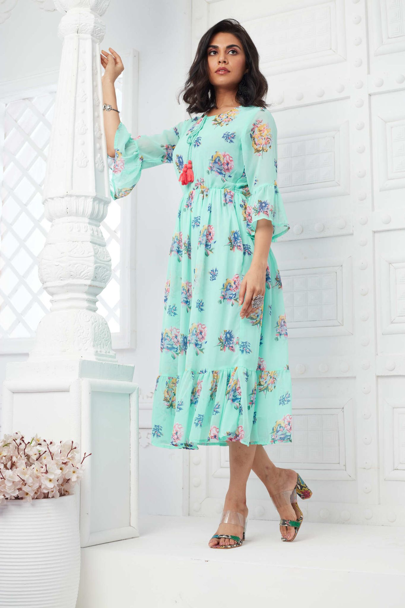 Fashionable Trio Midi Dress-Sea green / L
