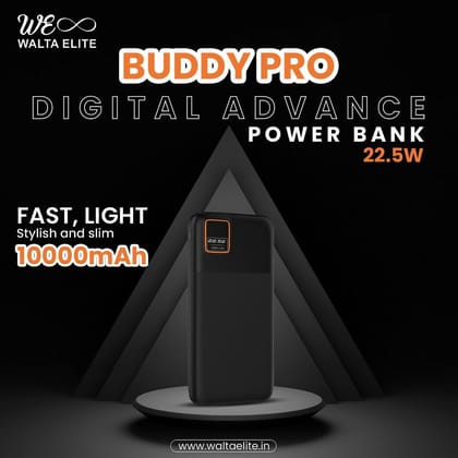Walta Elite Buddy Pro Digital Advance 10000 Power Bank 10000mAh Lithium Polymer battery and 22.5W High Speed Charging with LED Display, 22.5W High Speed Charging, Two Inputs Micro, Type C- Black