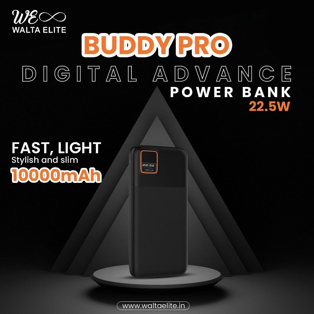 Walta Elite Buddy Pro Digital Advance 10000 Power Bank 10000mAh Lithium Polymer battery and 22.5W High Speed Charging with LED Display, 22.5W High Speed Charging, Two Inputs Micro, Type C- Black