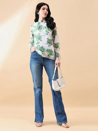 Ban-Neck Georgette Floral Top - Green/ White-S