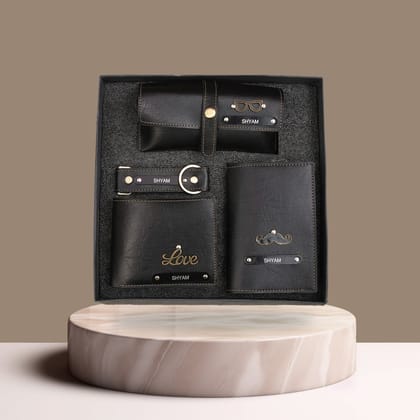Personalized 4-in-1 Men’s Gift Set Black – Custom Wallet, Passport Cover, Keychain & Eyewear Case