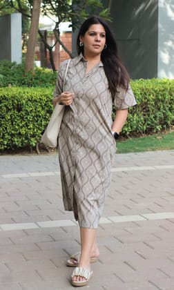 Cotton Handblock Earthy Print Shirt Dress-XXS