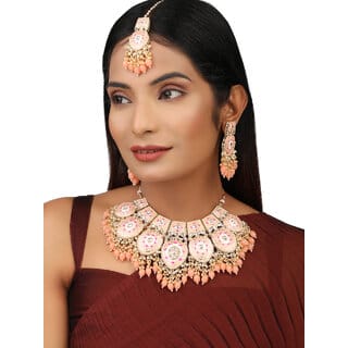 Peech Pink Premium Quality Meenakari Hyrdo Crystals Pearl Bridal Jewellery Set