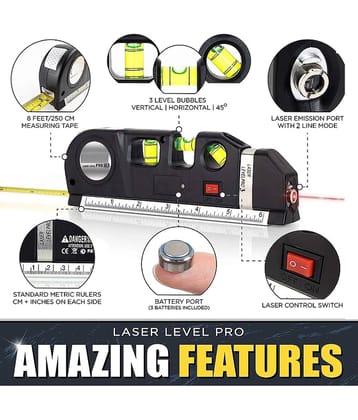 TechTest Level Laser Plastic Horizon Vertical Measure Tape Aligner Bubbles Ruler Multifunction Leveler Tool (Black)