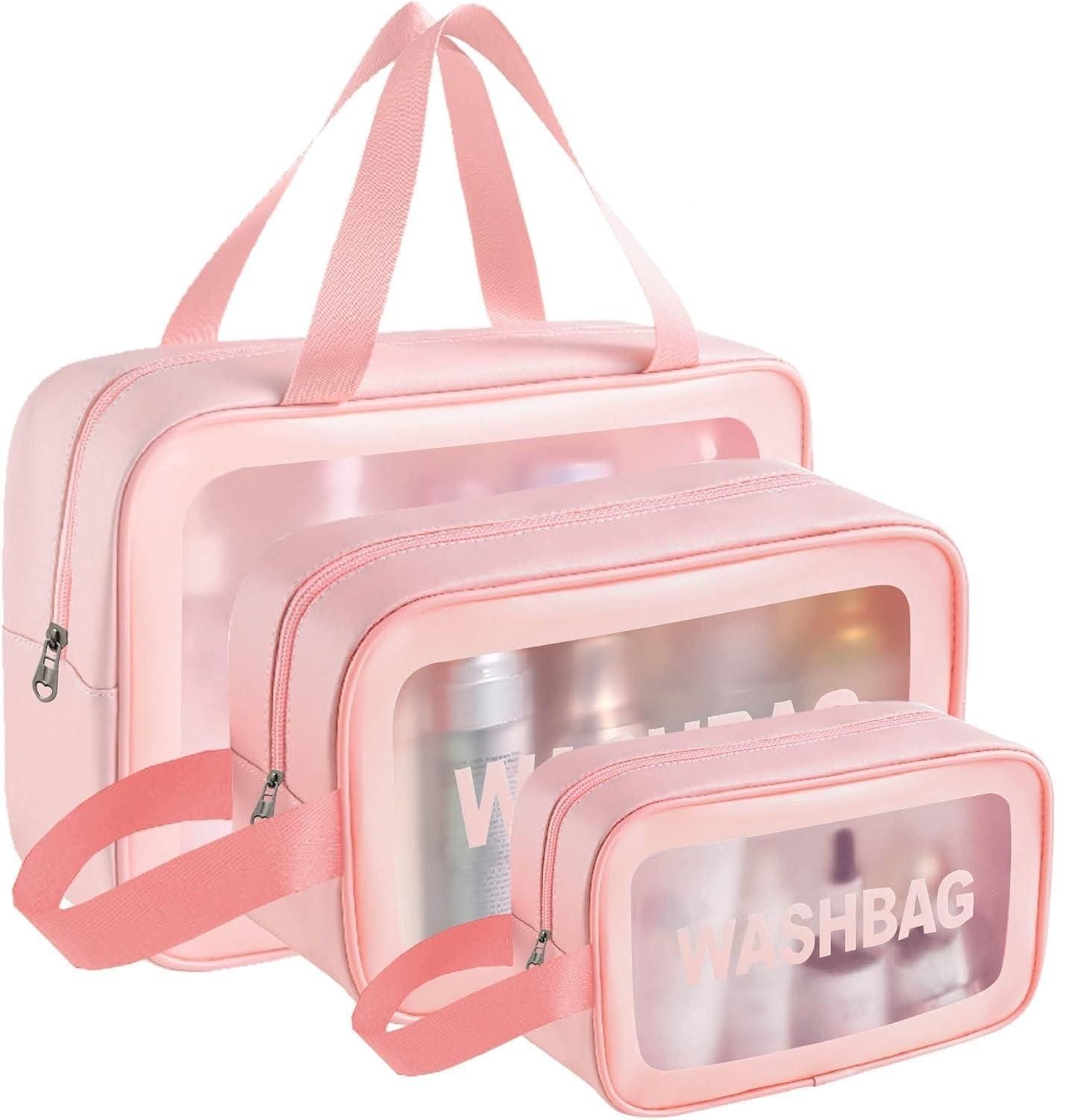 Panchhi Store Makeup Organizer Bag Travel Organizer Pouch Cosmetic Organizer Bag for Women Transparent PVC Makeup Pouch for Women and Men Travel Accessories Carry on Travel Bag (Pink, Washable)