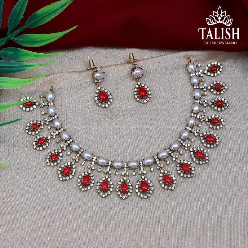 Elegant Pearl and Red Stone Necklace Set with Earrings - Talish Jewellery