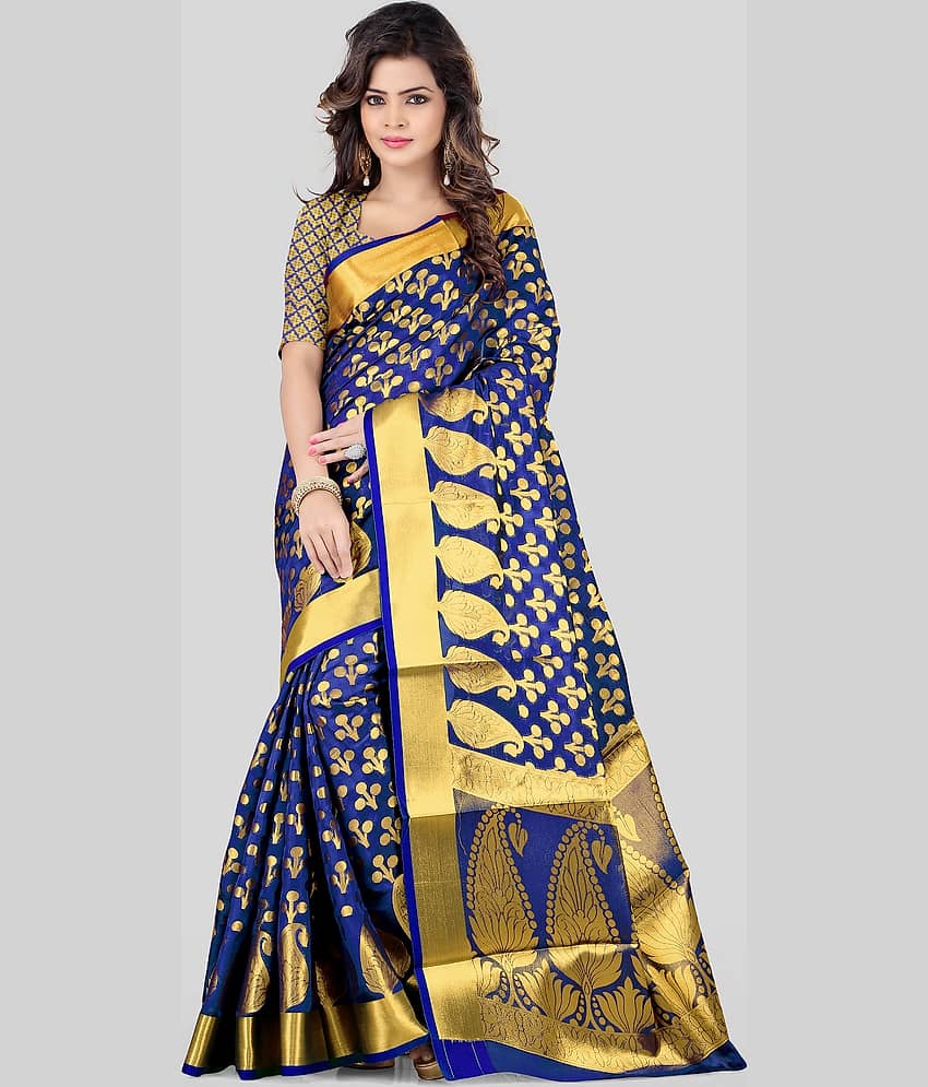 Gazal Fashions Banarasi Silk Embellished Saree With Unstitched Blouse Piece ( Blue )