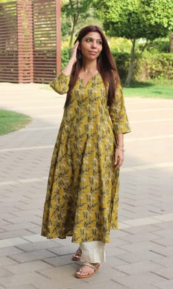 Cotton Kantha Amber Handblock Print Kali Kurta-XXS