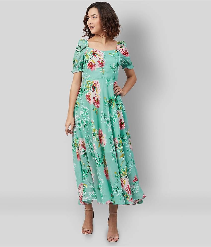 Rare Women Georgette Printed Fit & Flare Dress ( Green )