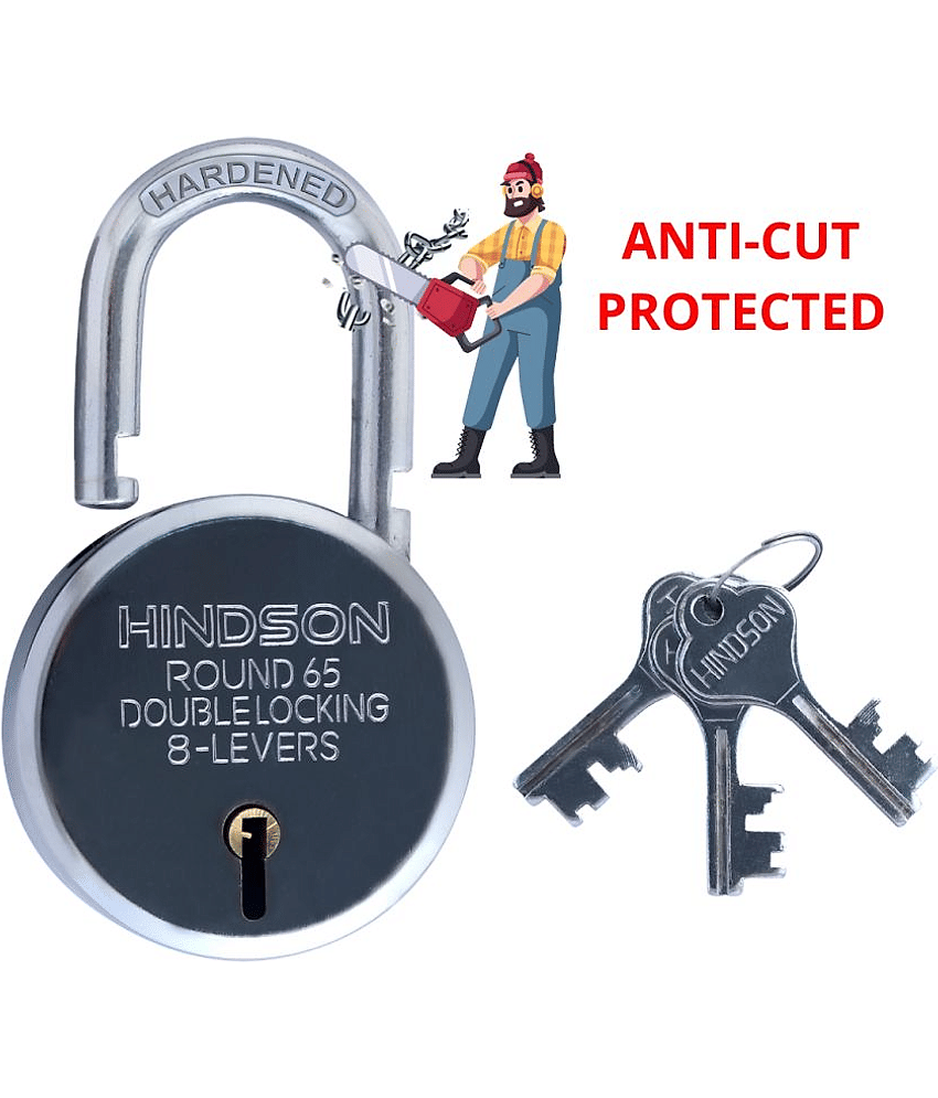 HINDSON Lock Round 65mm with 3 Key, Link Steel Double Locking, 8 Lever Padlock for Door, gate, Shutter ( Finish Silver ) (Round 65 Hardened Pack 1)