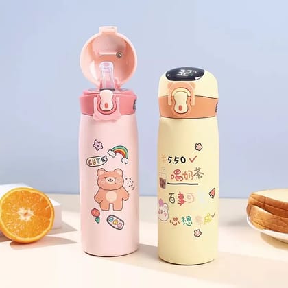 Insulated Sipper Bottle for Kids Stainless Steel, Character Printed Vacuum Hot & Cold Bottle with Temperature Display on the Top | 450 ML | Assorted Prints | Box Packing- Pack of 1