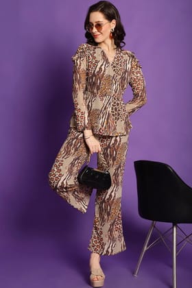 Brown Animal Printed Georgette Top With Palazzo Co-ord Set-s
