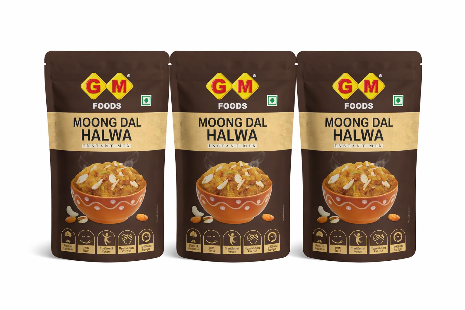 GM Foods Moong Dal Halwa Instant Mix 150g (Pack of 3) | Up to 4 Servings Per Pack | Ready to Cook | Rich & Delicious Dessert | Authentic Taste & Sweets | No Added Preservatives & Colours