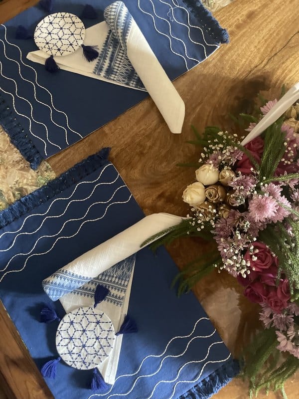 KRI India Stitch Indigo & White Fringed Table Placemats|Set of 2 | Indigo with white embroidery | 12x17.5 inches | Wash & Care | 100% Cotton | Handcrafted in India. 100% organic & natural.