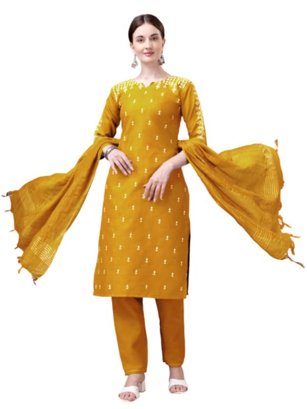 Women's Casual 3-4 th Sleeve Embroidery Cotton Kurti Pant Dupatta Set (Yellow, M)-PID50294