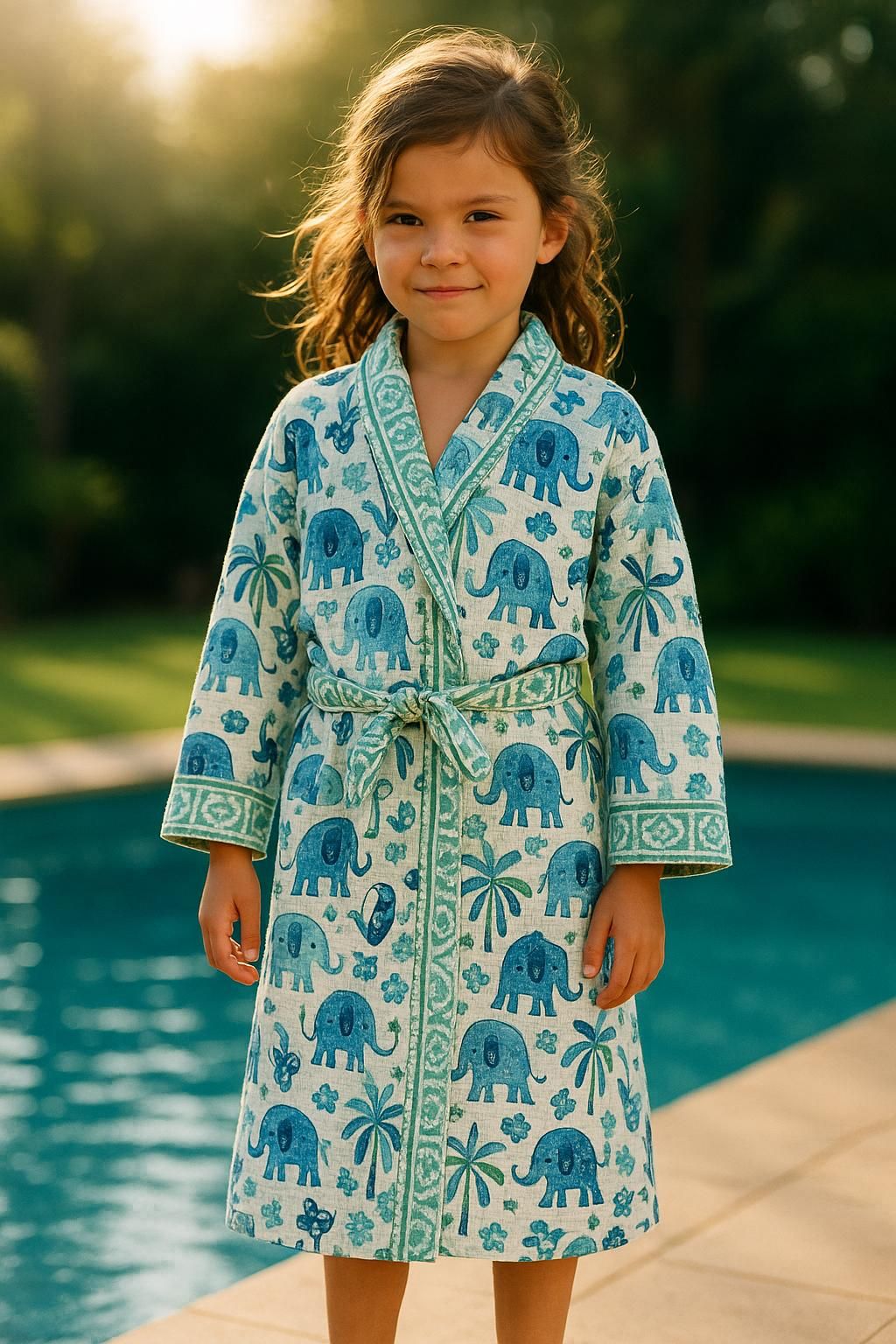 Handblock printed waffle cotton bathrobe for kids - 4-13 years old-4-8 years
