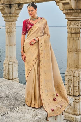 Beige Heavy Work Banarasi Saree With Readymade Blouse