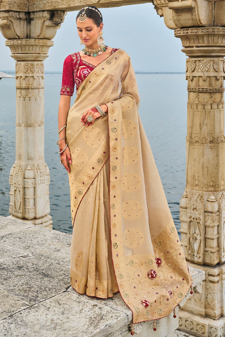 Beige Heavy Work Banarasi Saree With Readymade Blouse