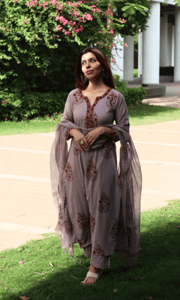 Cotton Ash Mauve Mughal Print Kurta , Cotton Pants & Kota Doria Printed Dupatta-XXS