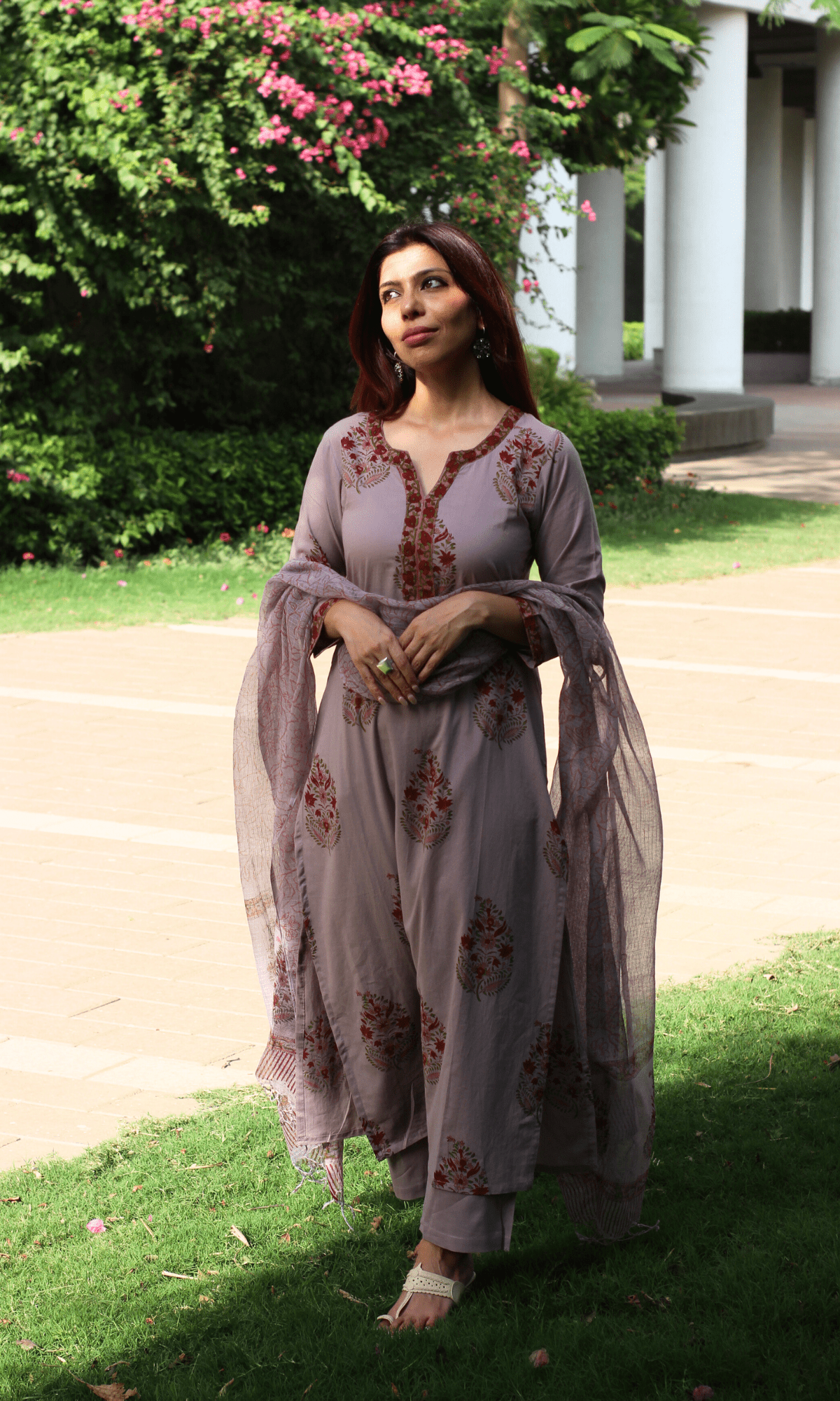 Cotton Ash Mauve Mughal Print Kurta , Cotton Pants & Kota Doria Printed Dupatta-XXS