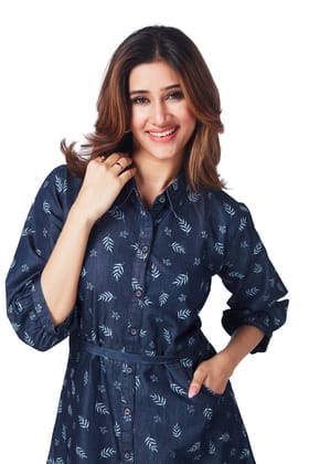 Denim Shirt Dress with Belt and Print-BLUE / L